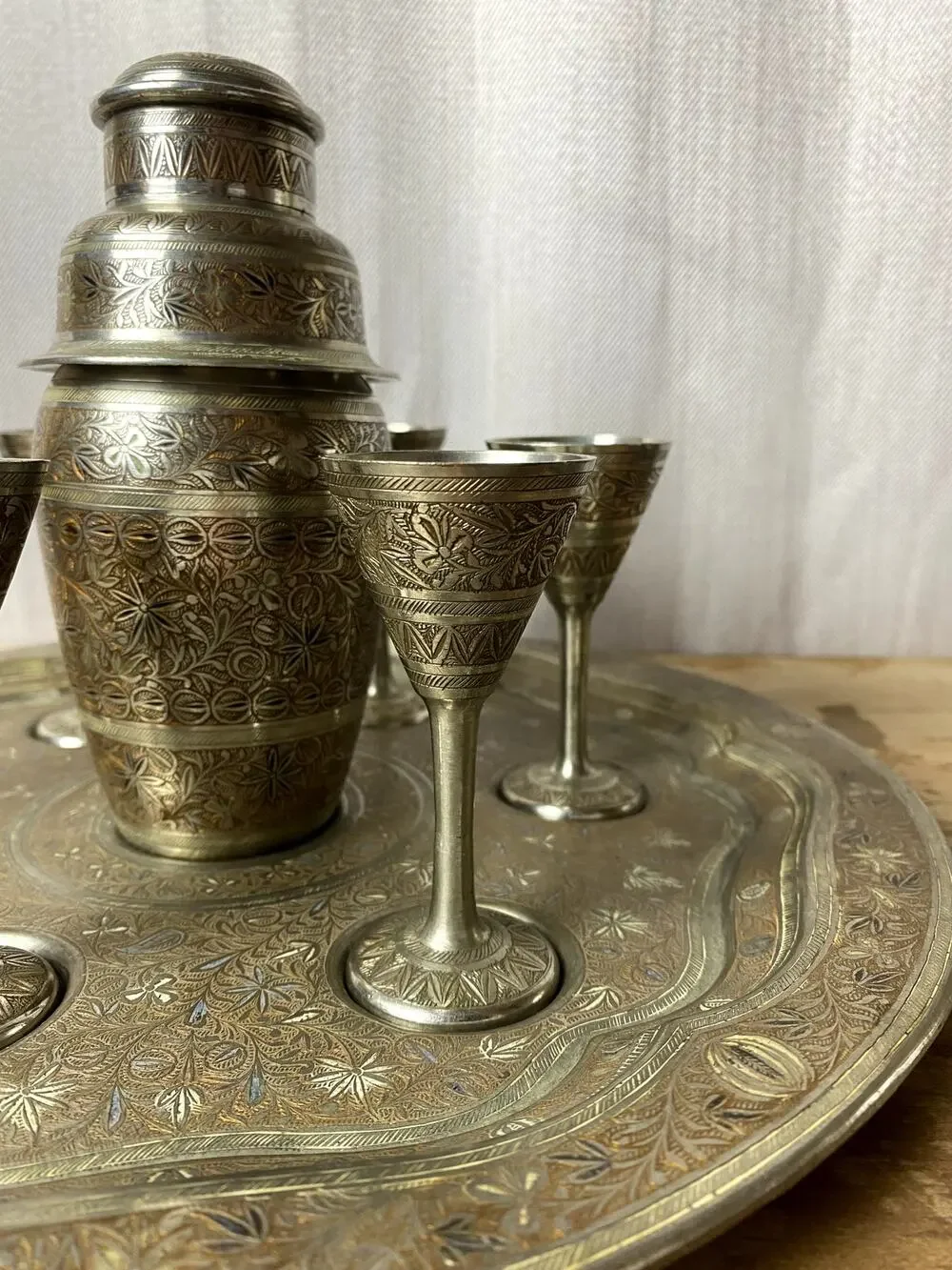 VTG Hand-Etched Brass Cocktail Shaker Set Tray 6 Goblets MCM